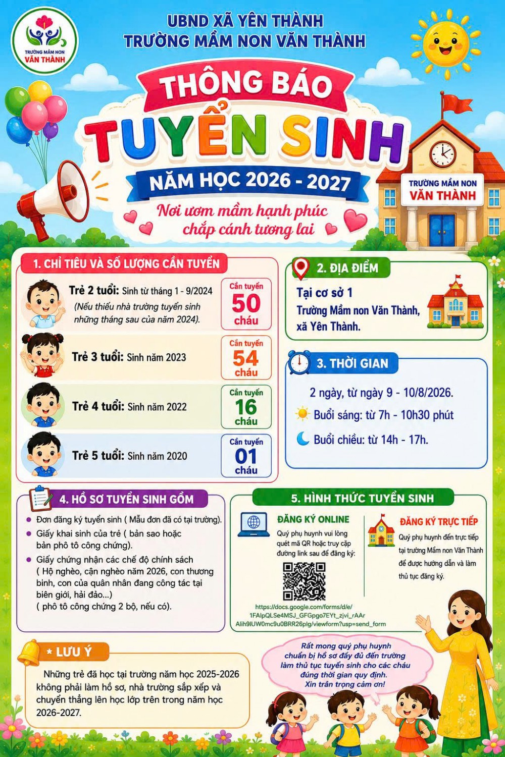 THÔNG BÁO TUYỂN SINH NĂM HỌC 2026-2027 CỦA TRƯỜNG MẦM NON VĂN THÀNH